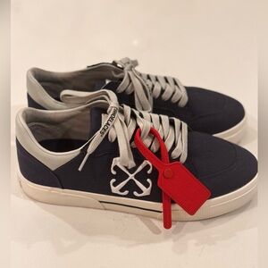 Off-White Navy and Gray Sneakers with Red Tag